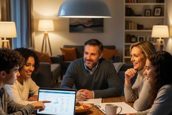 Family discussing mortgage refinance options in a cozy home setting