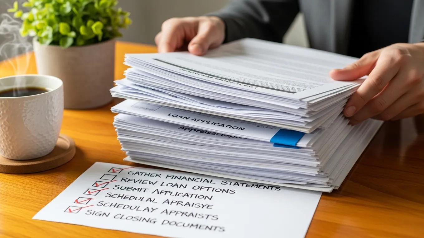 Close-up of hands organizing mortgage documents and checklist for refinancing process