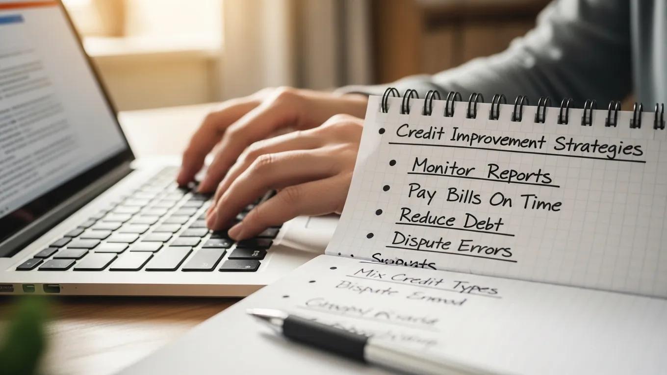 Close-up of hands typing on a laptop with notes on credit improvement strategies, creating a motivational atmosphere