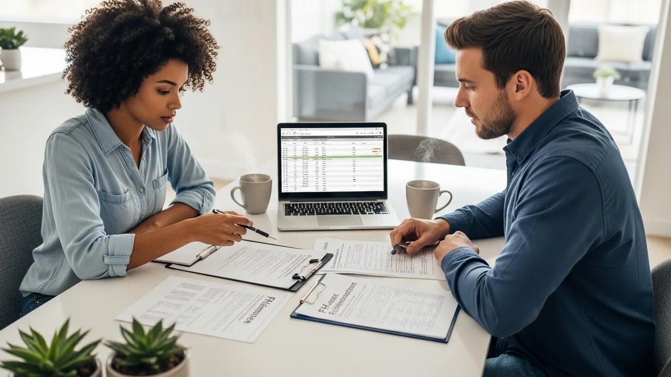 Couple reviewing FHA streamline refinance documents at a dining table