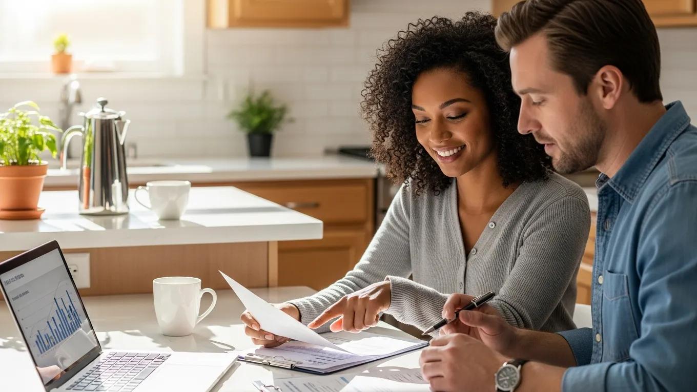 Couple reviewing FHA Streamline refinance documents at a kitchen table