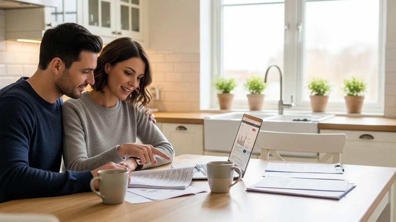 Couple reviewing FHA Streamline refinance documents at a kitchen table