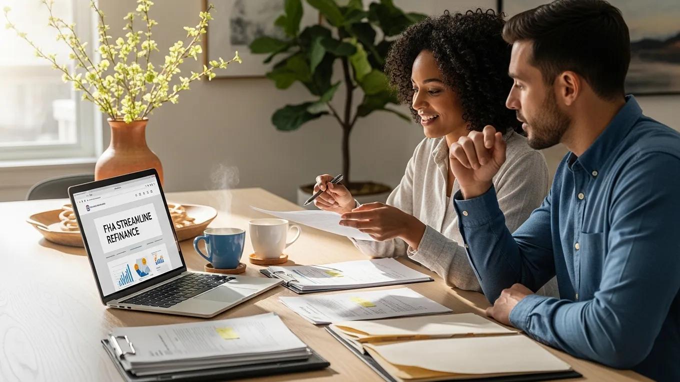Couple reviewing FHA Streamline refinance documents at home