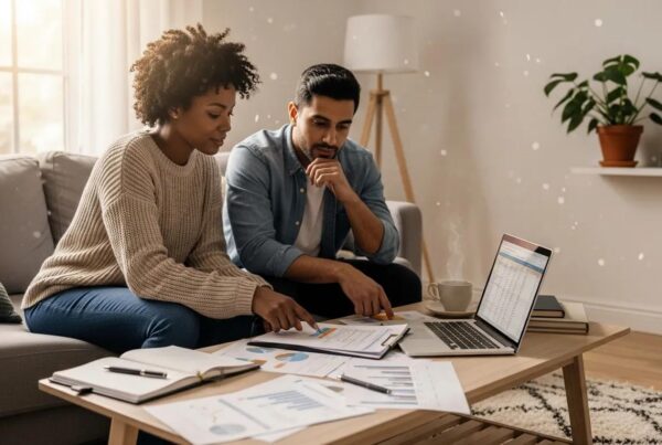 Couple reviewing financial documents in a cozy living room setting