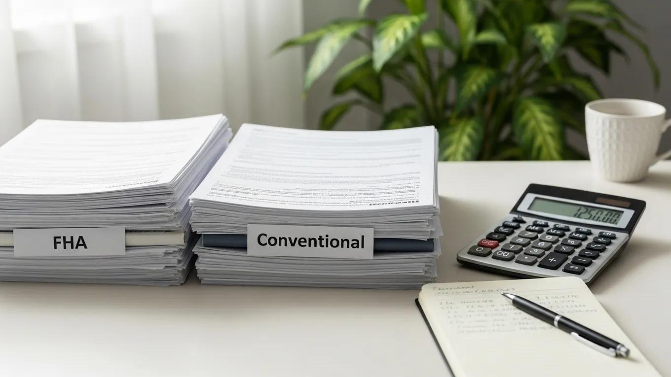 Documents comparing FHA and conventional refinance options