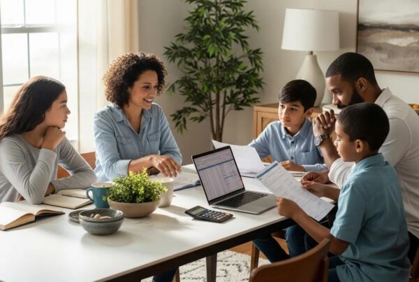 Family discussing home finances in a cozy dining room, representing the FHA Streamline Refinance process