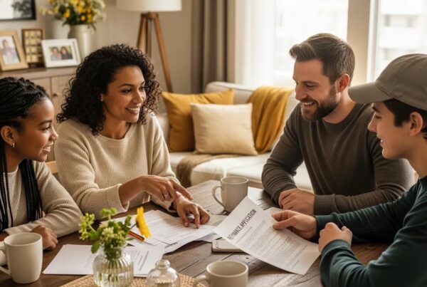 Family discussing home refinancing options in a cozy dining setting