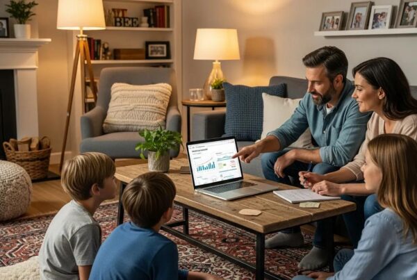 Family discussing mortgage refinance options in a cozy living room