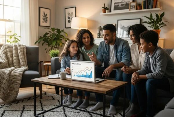Family discussing mortgage refinance options in a cozy living room
