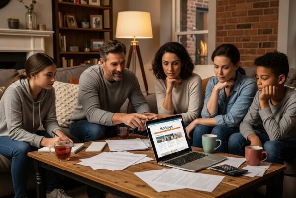 Family discussing mortgage refinance options in a cozy living room