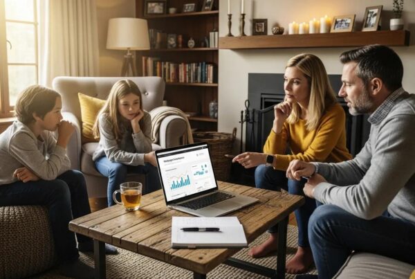 Family discussing mortgage refinance options in a cozy living room