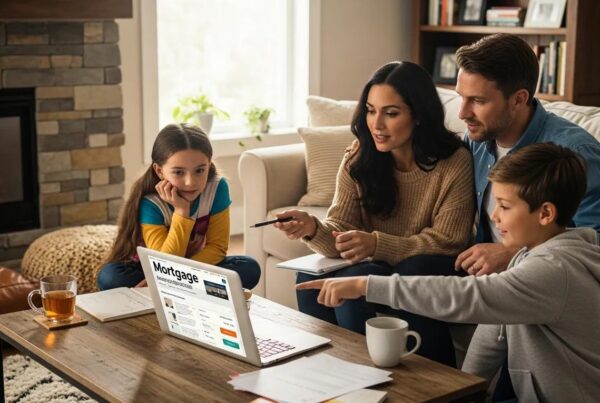 Family discussing mortgage refinance options in a cozy living room setting