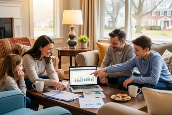 Family discussing mortgage refinancing options in a cozy living room
