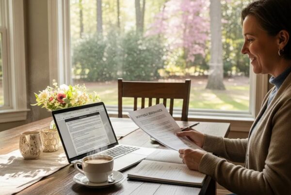 Homeowner reviewing mortgage refinance options in a cozy South Carolina kitchen
