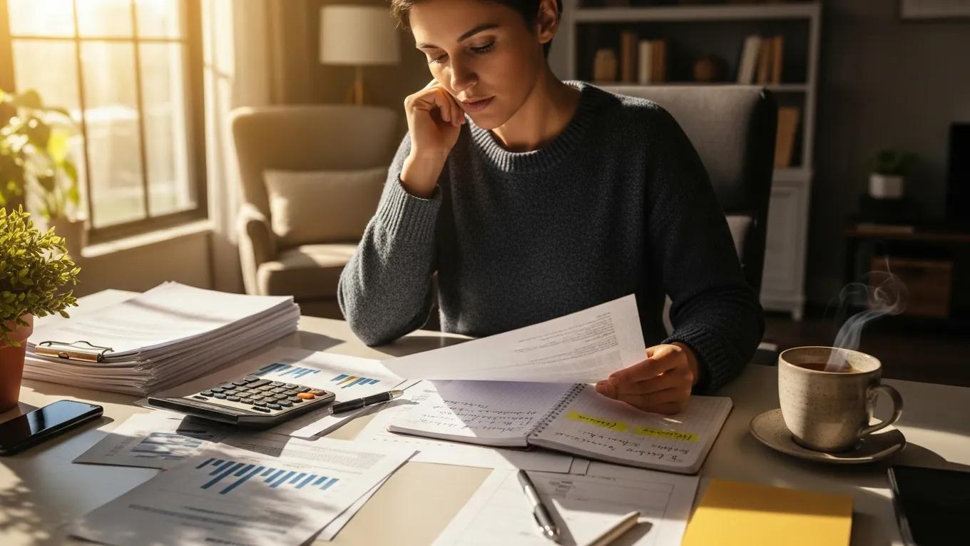 Individual analyzing financial documents with a calculator in a well-lit home office