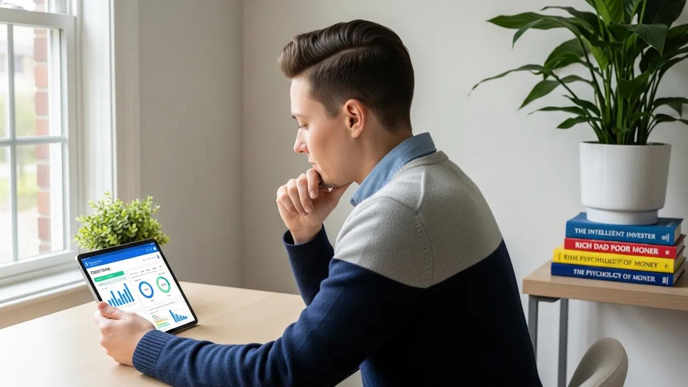 Individual reviewing credit score in a bright home office