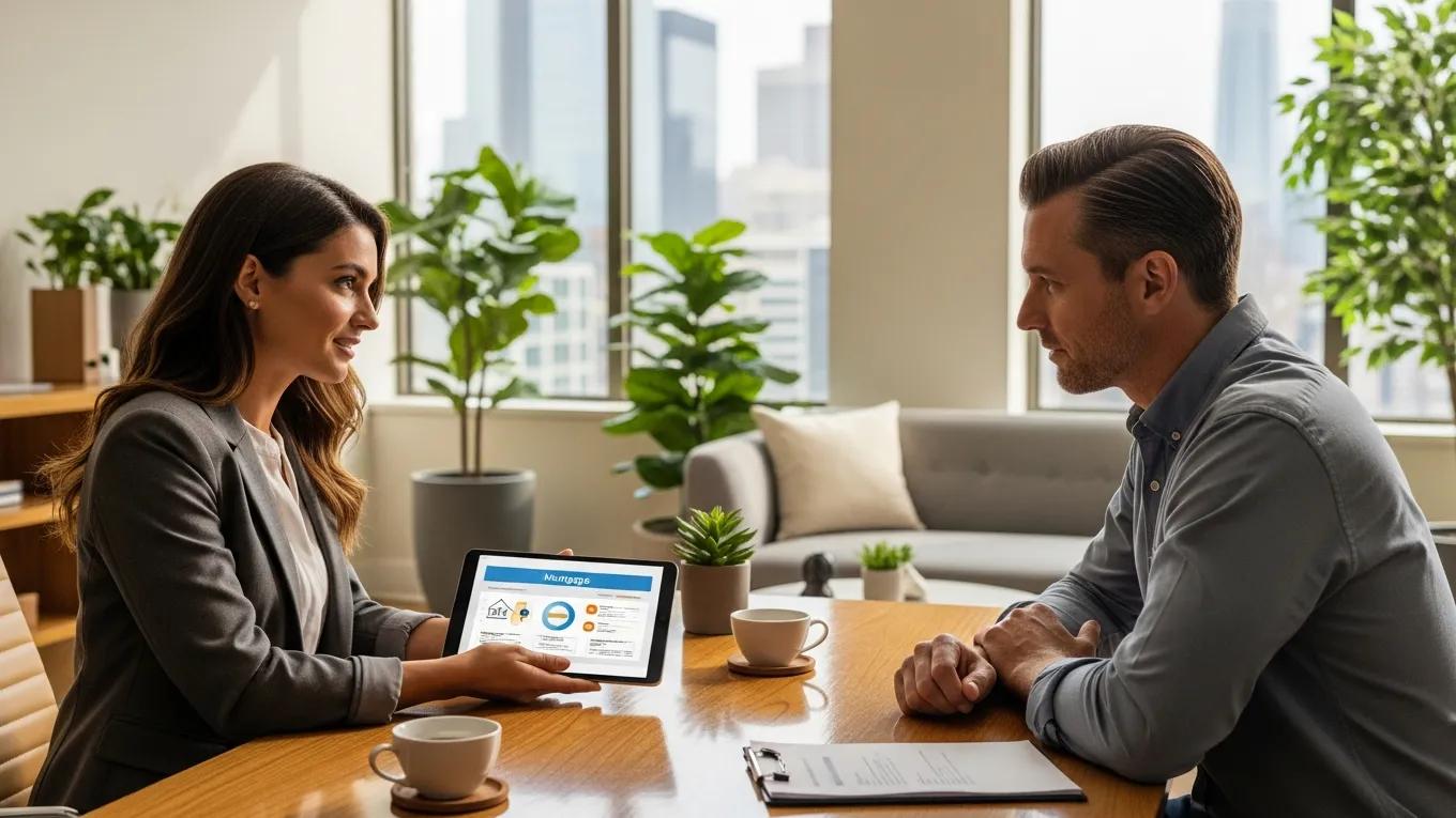 Mortgage broker assisting a client in choosing refinance options in a modern office