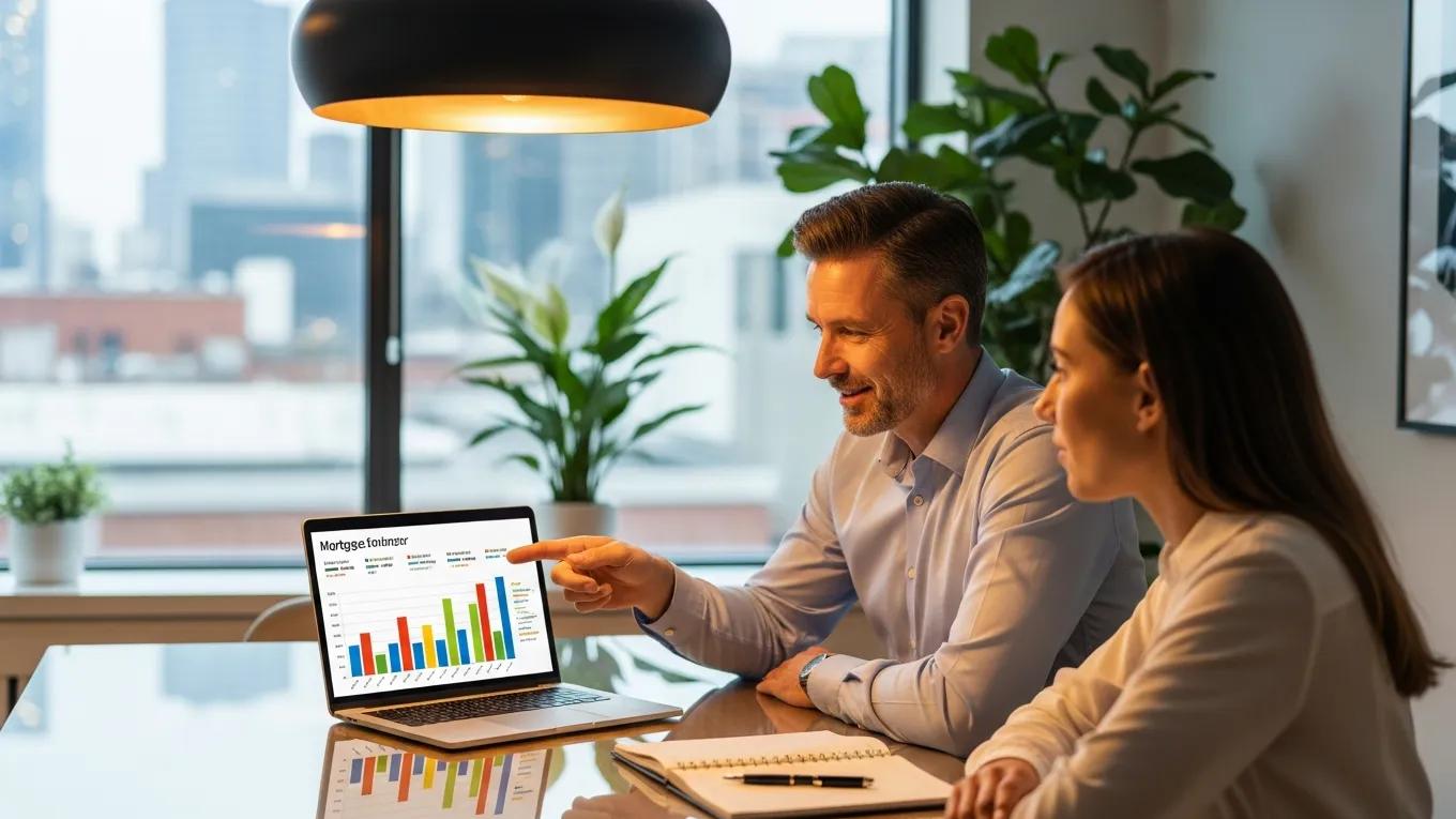 Mortgage broker discussing refinance options with a homeowner in an office