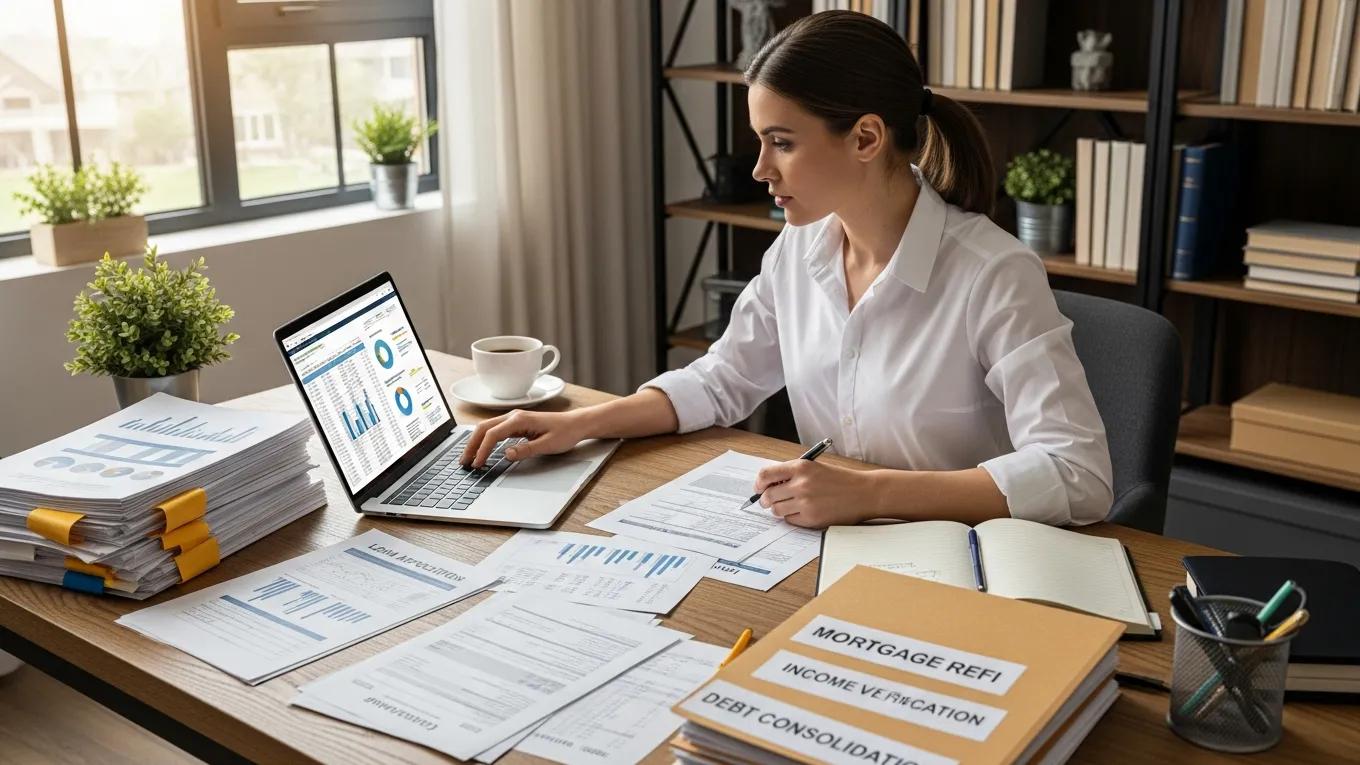 Self-employed individual working on mortgage refinancing at a desk