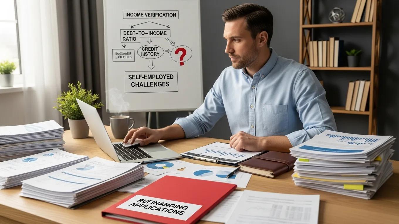 Self-employed individual working on refinancing documents in home office