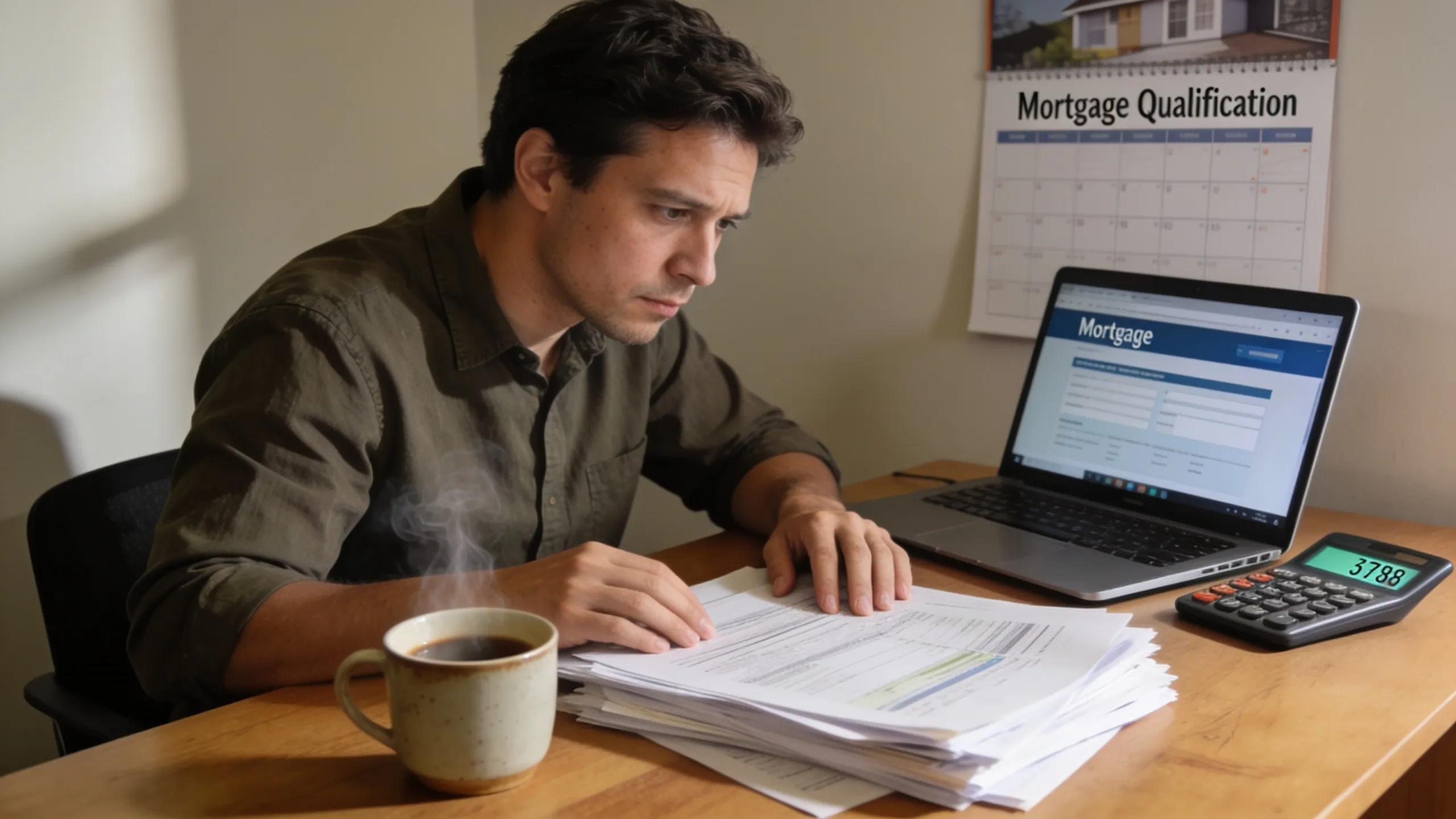 Self-employed individual contemplating mortgage qualification challenges at a desk