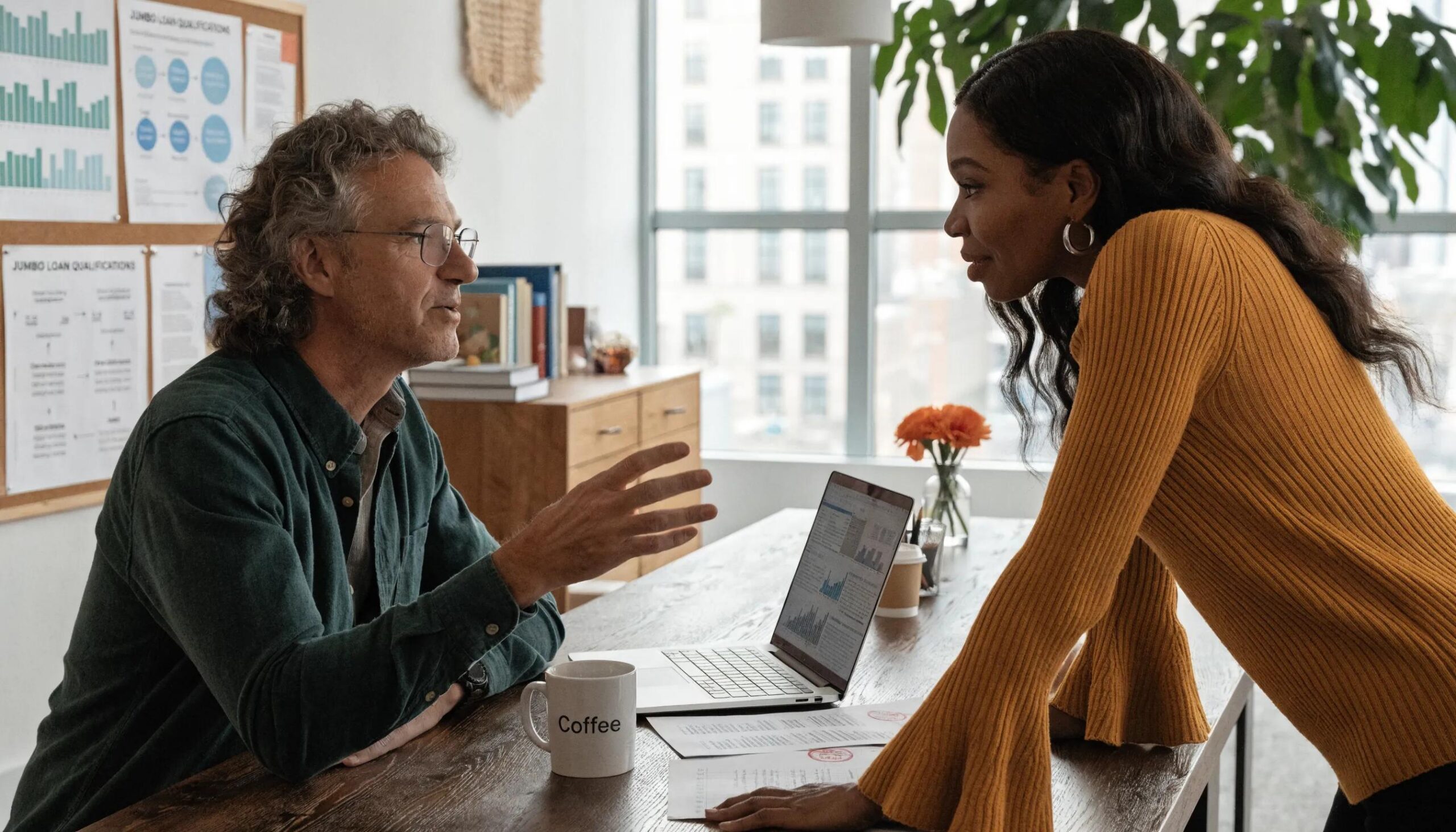 Consultant explaining jumbo loan options to a self-employed client