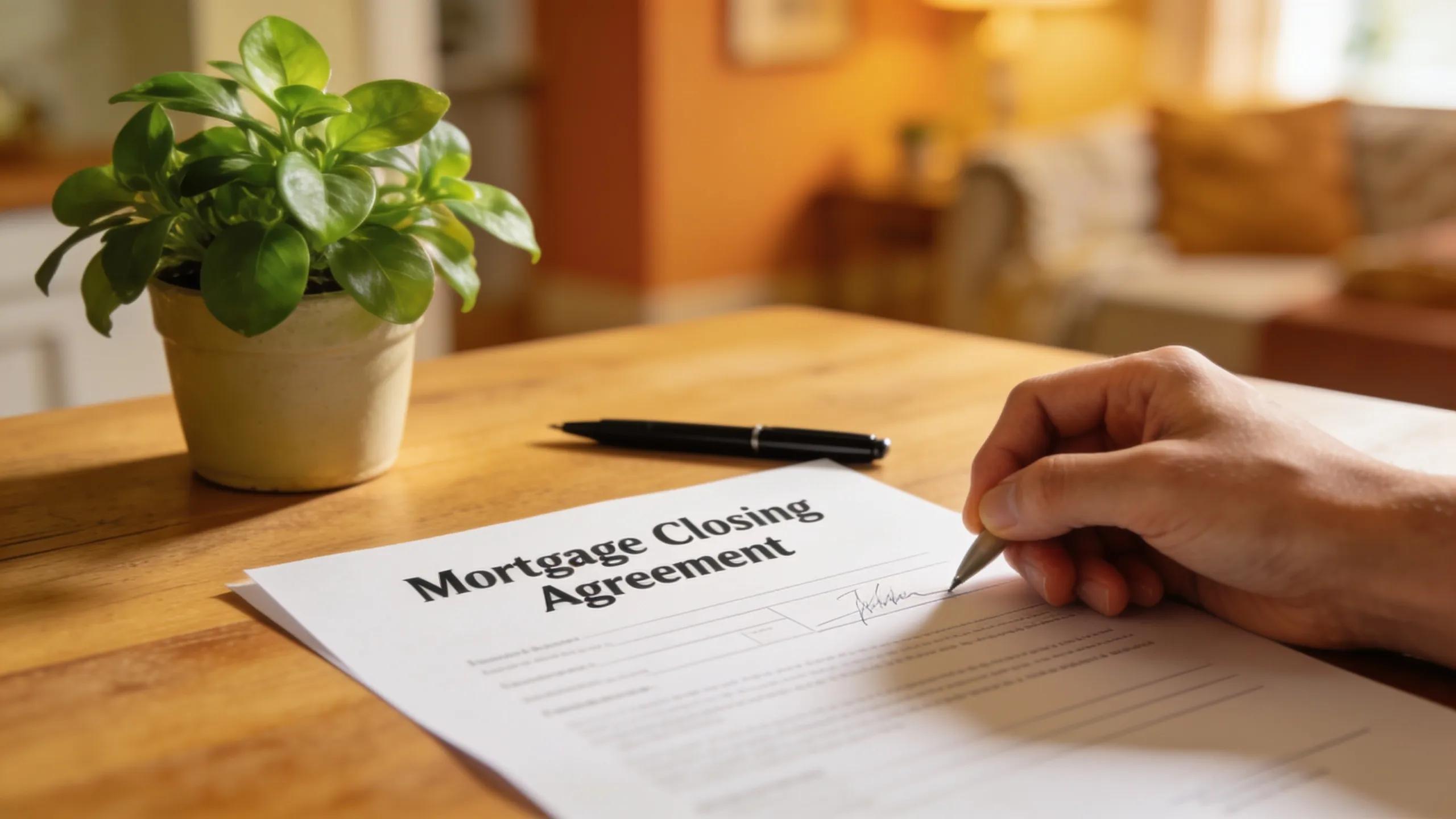 Hand signing mortgage closing documents on a table