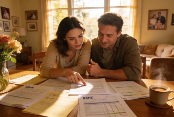 Couple discussing home financing documents in a cozy setting