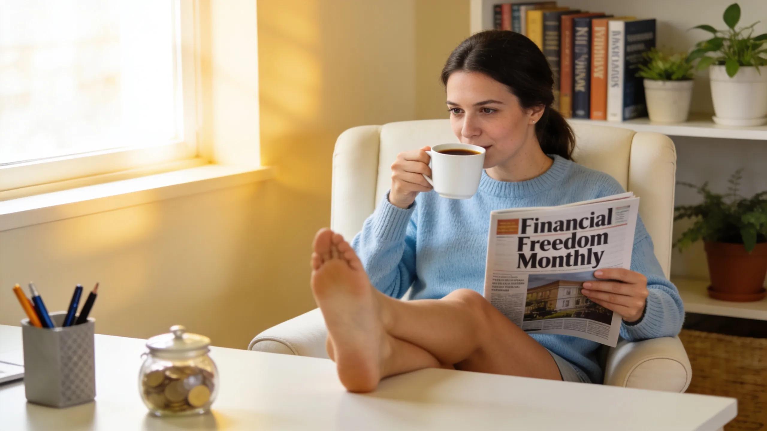 Woman enjoying financial magazine at home, symbolizing financial benefits