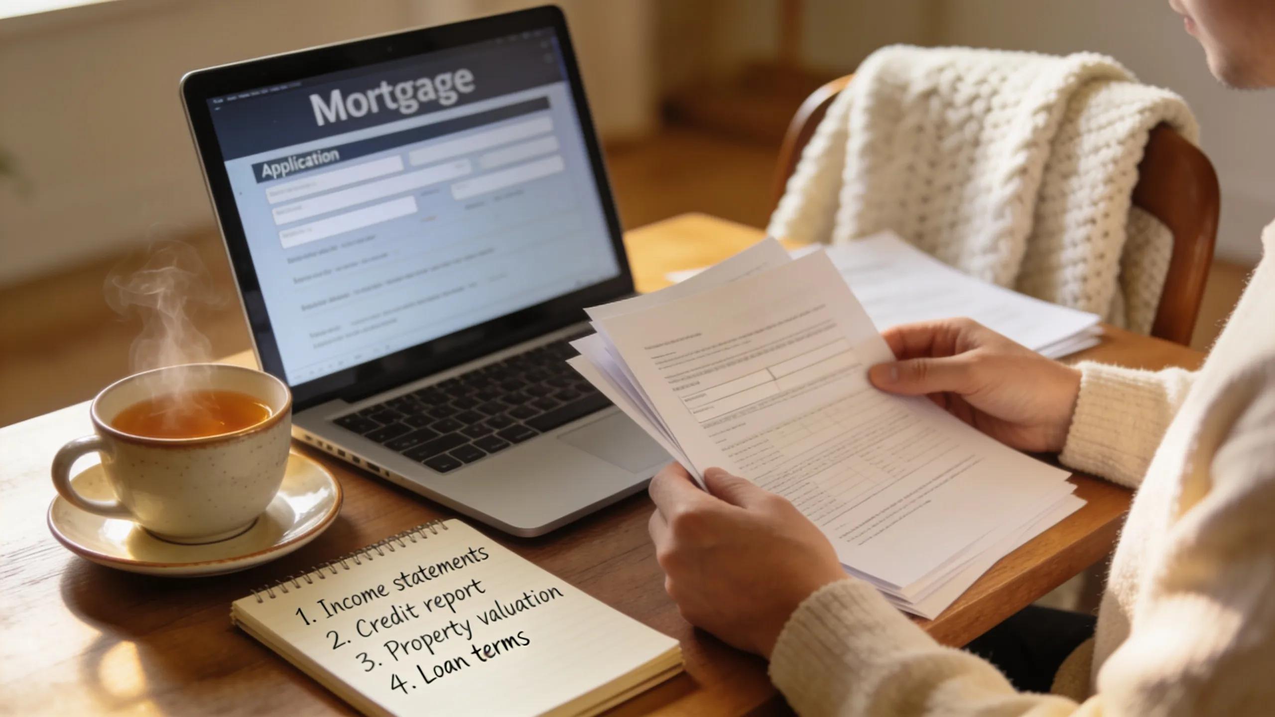 Person assembling mortgage refinance application at home