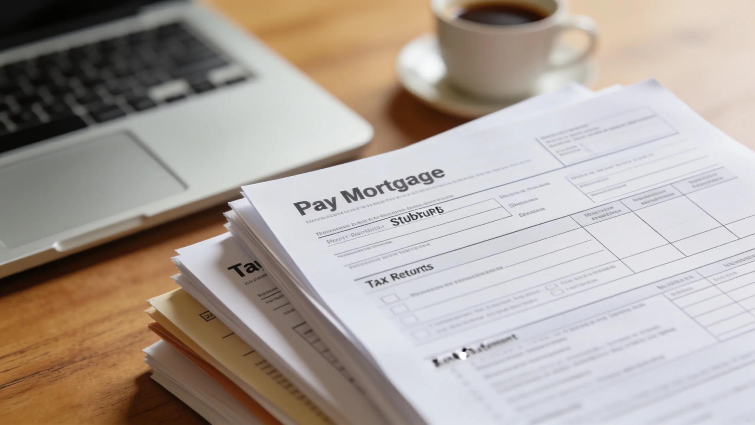 Financial documents including pay stubs and tax returns on a desk