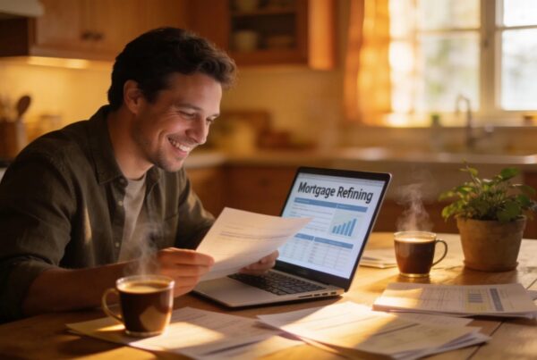 Homeowner reviewing mortgage refinance options at a table with laptop and documents