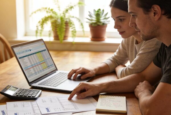 Couple discussing mortgage refinancing options at a cozy dining table