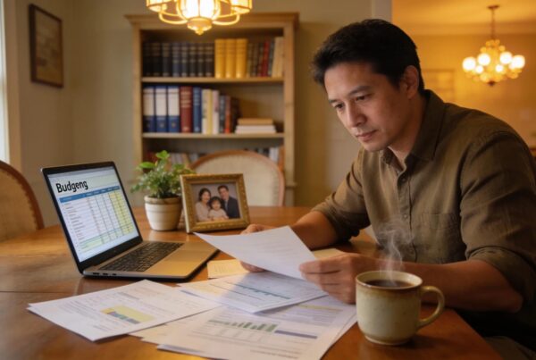 Homeowner managing finances at a dining table in a cozy home setting
