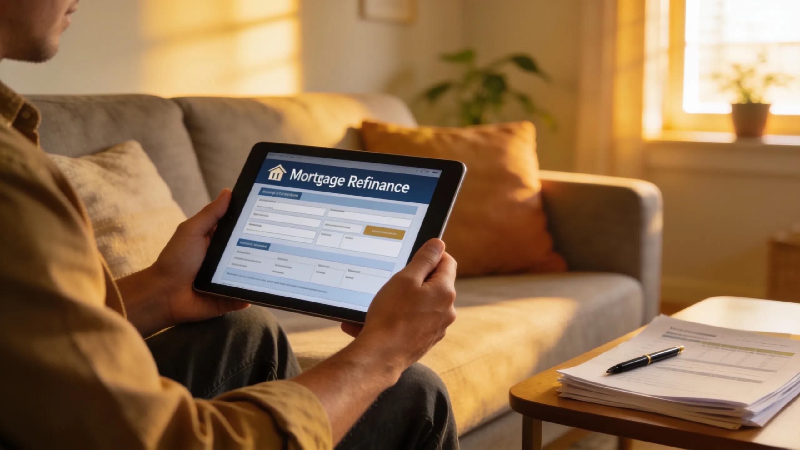 Homeowner submitting mortgage refinance application on a tablet in a sunny living space