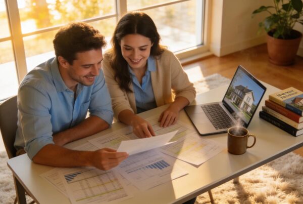 Couple engaging in investment property discussions in a cozy home office setting