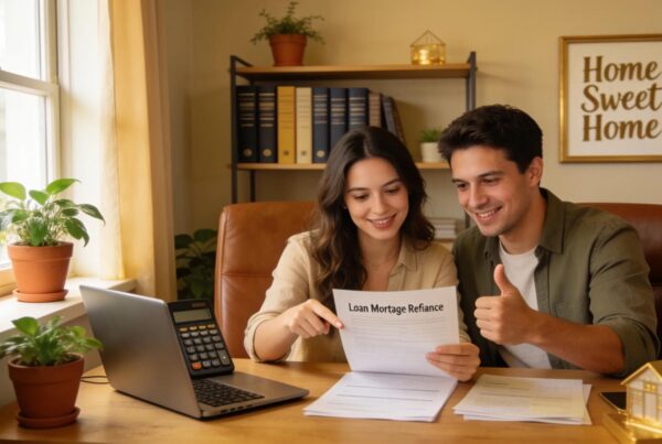 Couple reviewing mortgage refinance documents in a cozy home office