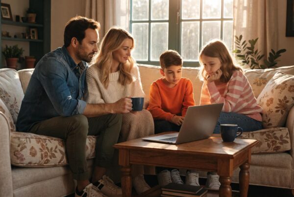 Family discussing refinancing options in a cozy living room