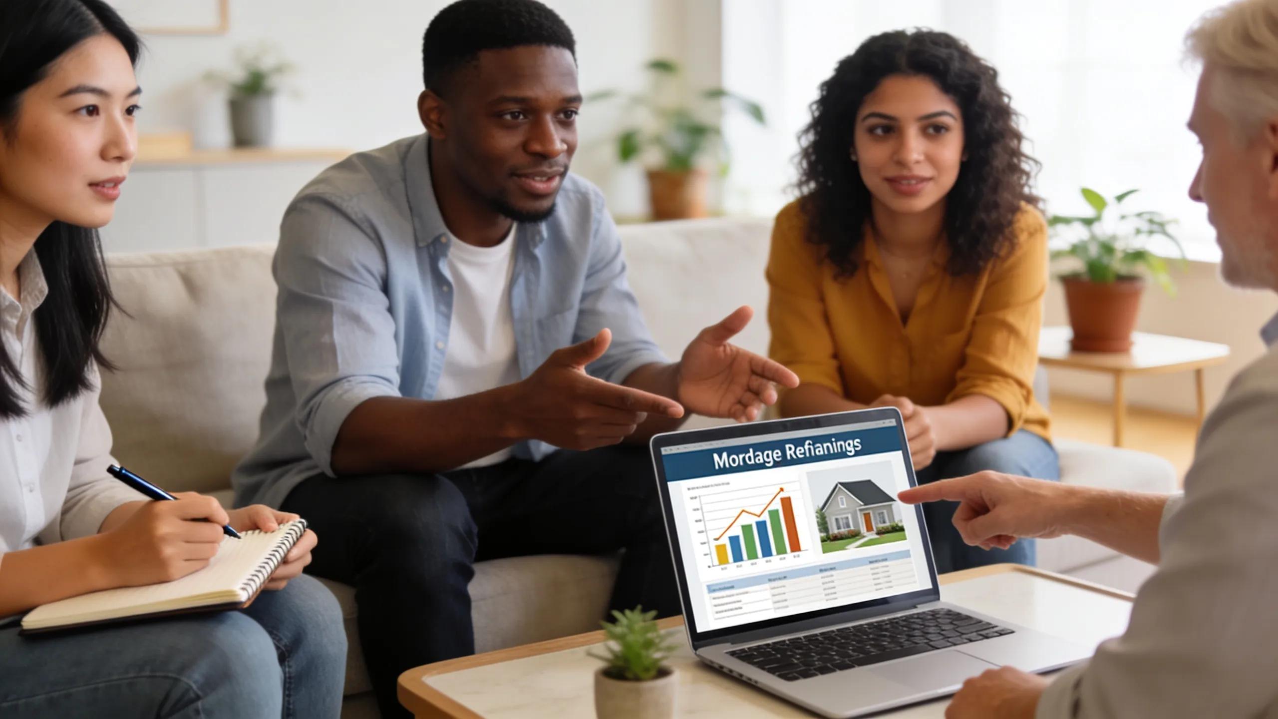 Group of individuals discussing mortgage refinancing strategies in a cozy living room