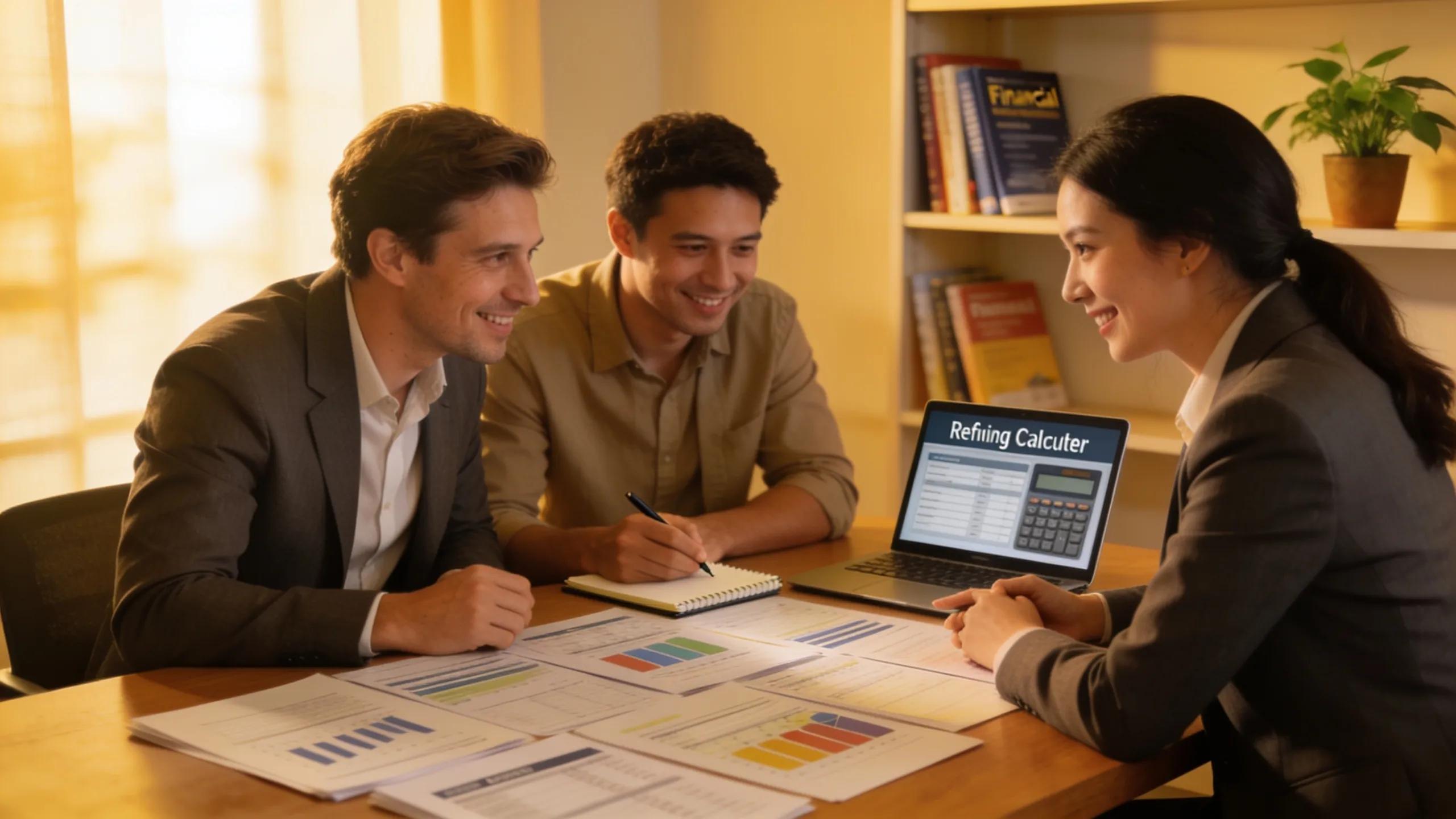 Couple discussing refinancing steps with a mortgage specialist at a table